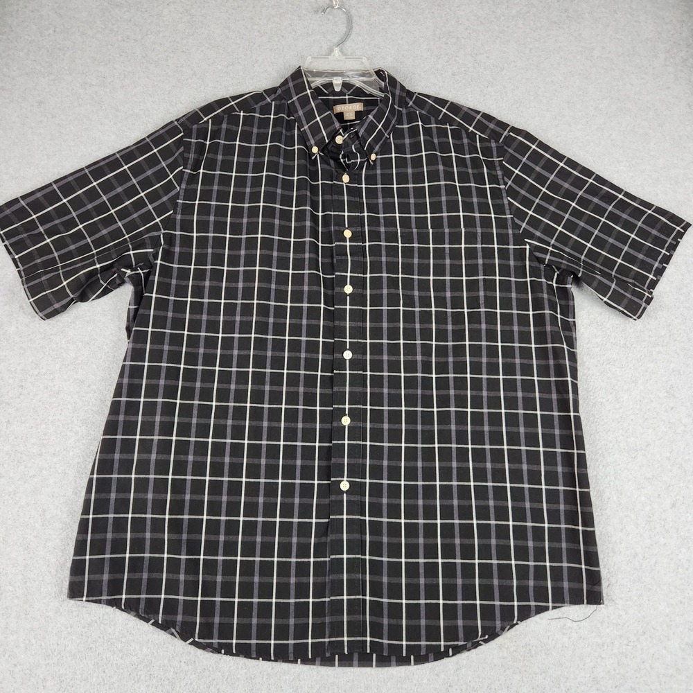 George Shirt Men XL Black Grid Plaid Cotton Short Sleeve Classic Fit Button Down